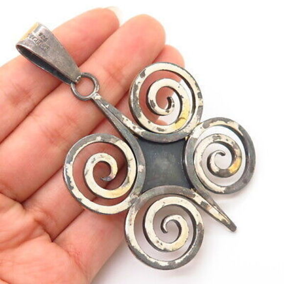 925 Sterling Silver 2-Tone Vintage Israel Teppich Smoky Quartz Swirl Pendant - Picture 2 of 4
